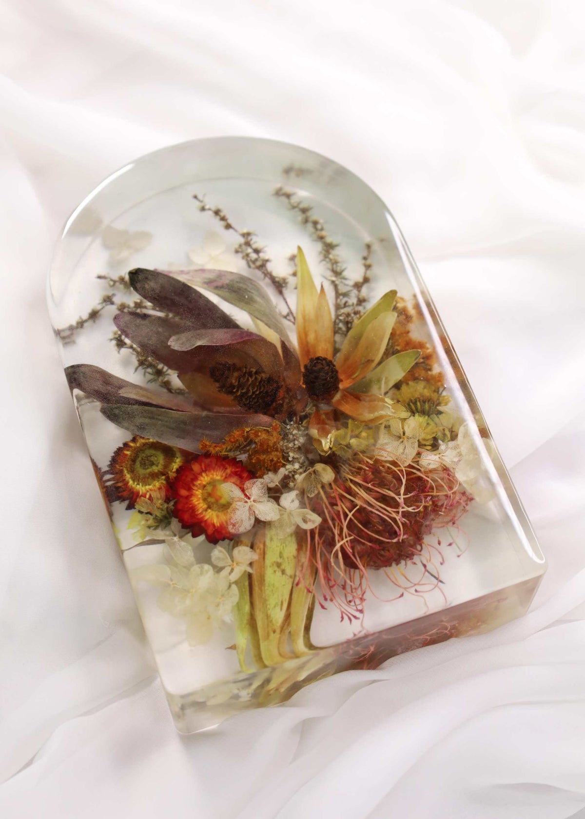 Bridal Preservation All Resin Package flower keepsake, clear resin block preserving colorful dried blooms and foliage.