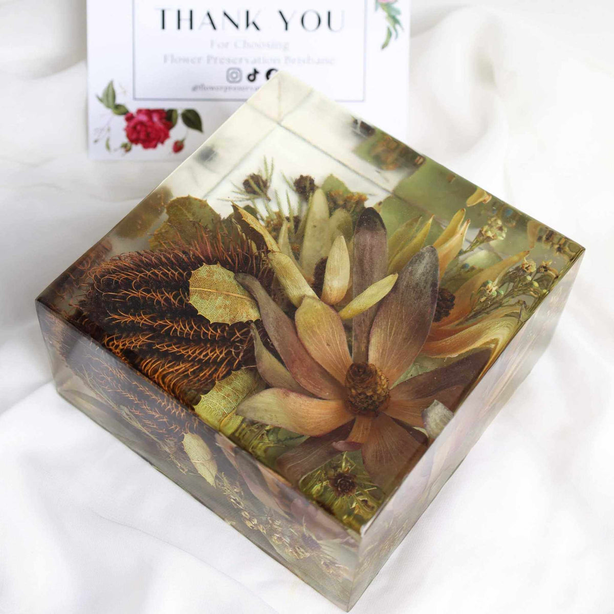 Resin floral square block preserving bridal bouquet flowers in clear or black background display