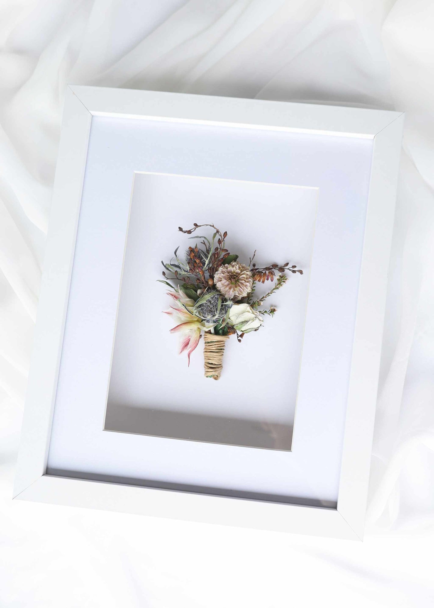 15x20 framed preserved boutonnière in white and black frame options for keepsake display