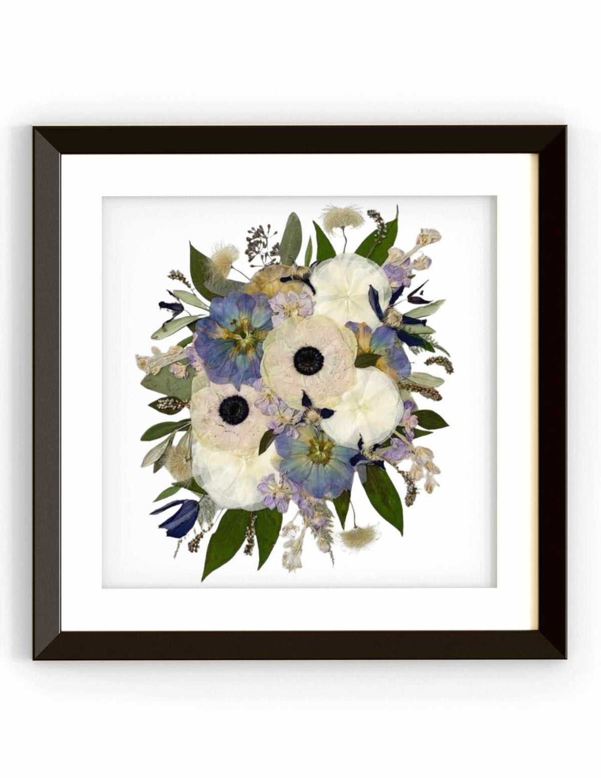 Framed pressed flower artwork in a square 30x30 frame showcasing preserved flowers in modern style