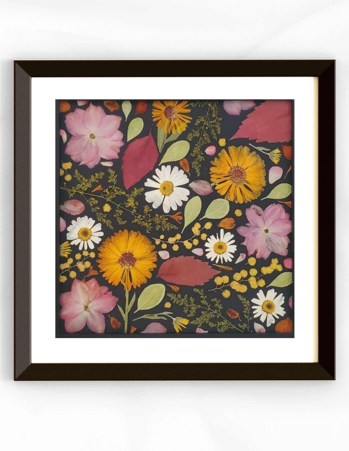 Square pressed flower frame 30x30 with preserved flowers and UV-resistant glass protection