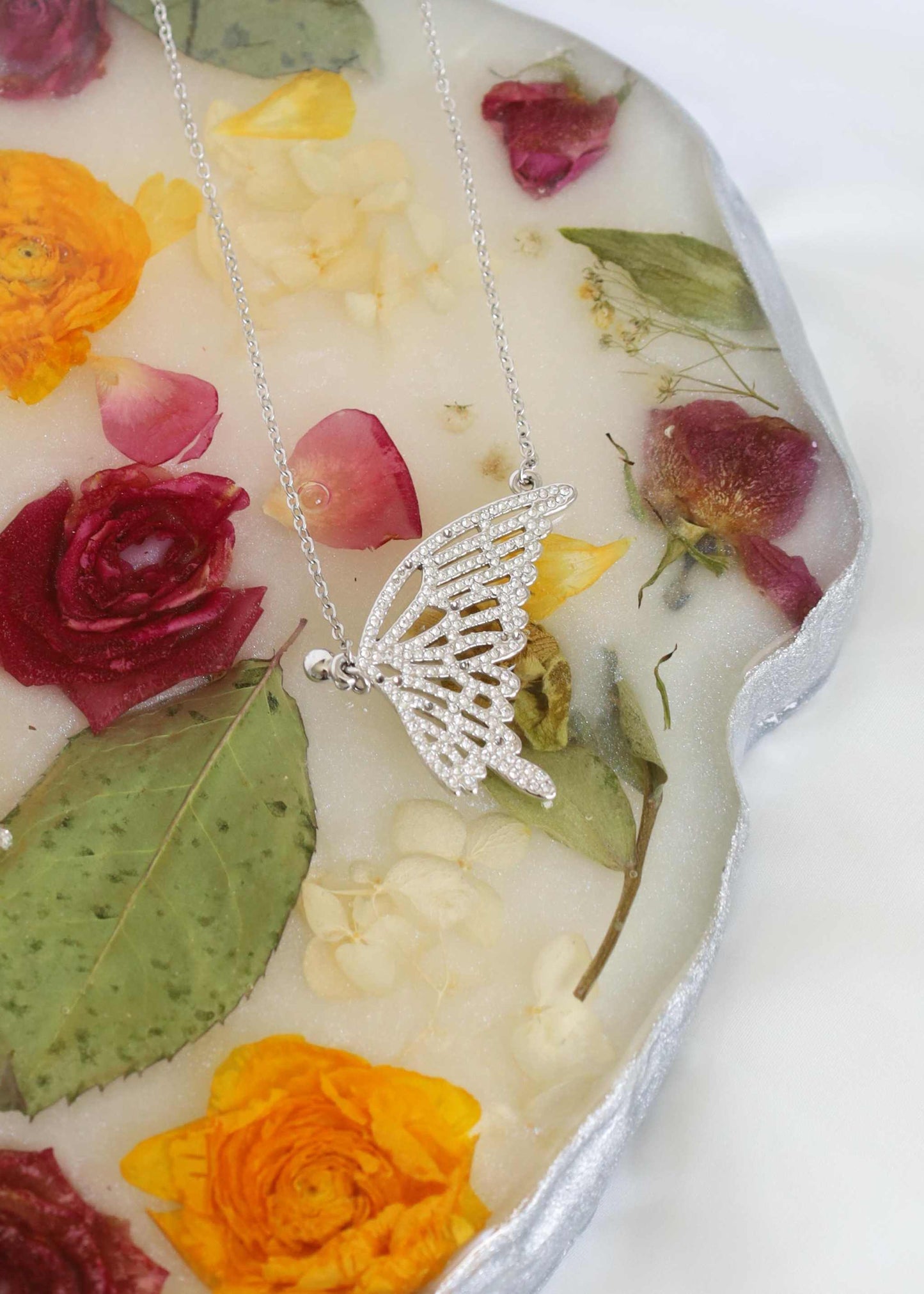 Resin trinket dish with dried flowers encased, handcrafted floral ring holder accessory