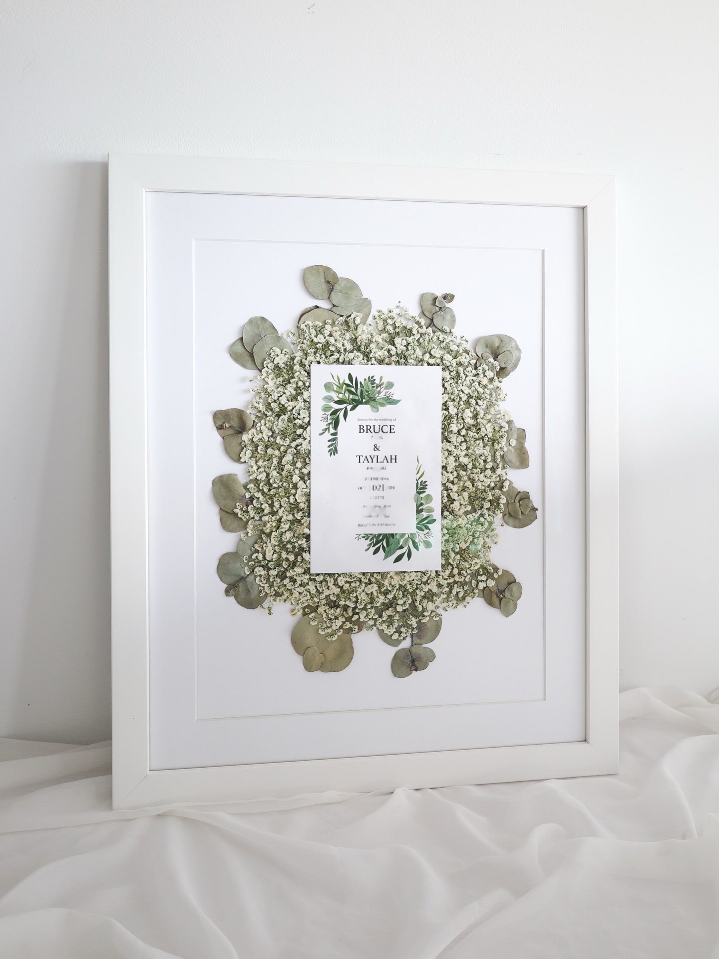 Pressed Framed Bridal Flowers including - vows - invite - photo