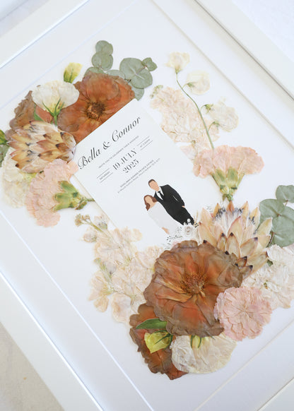 Pressed Framed Bridal Flowers including - vows - invite - photo