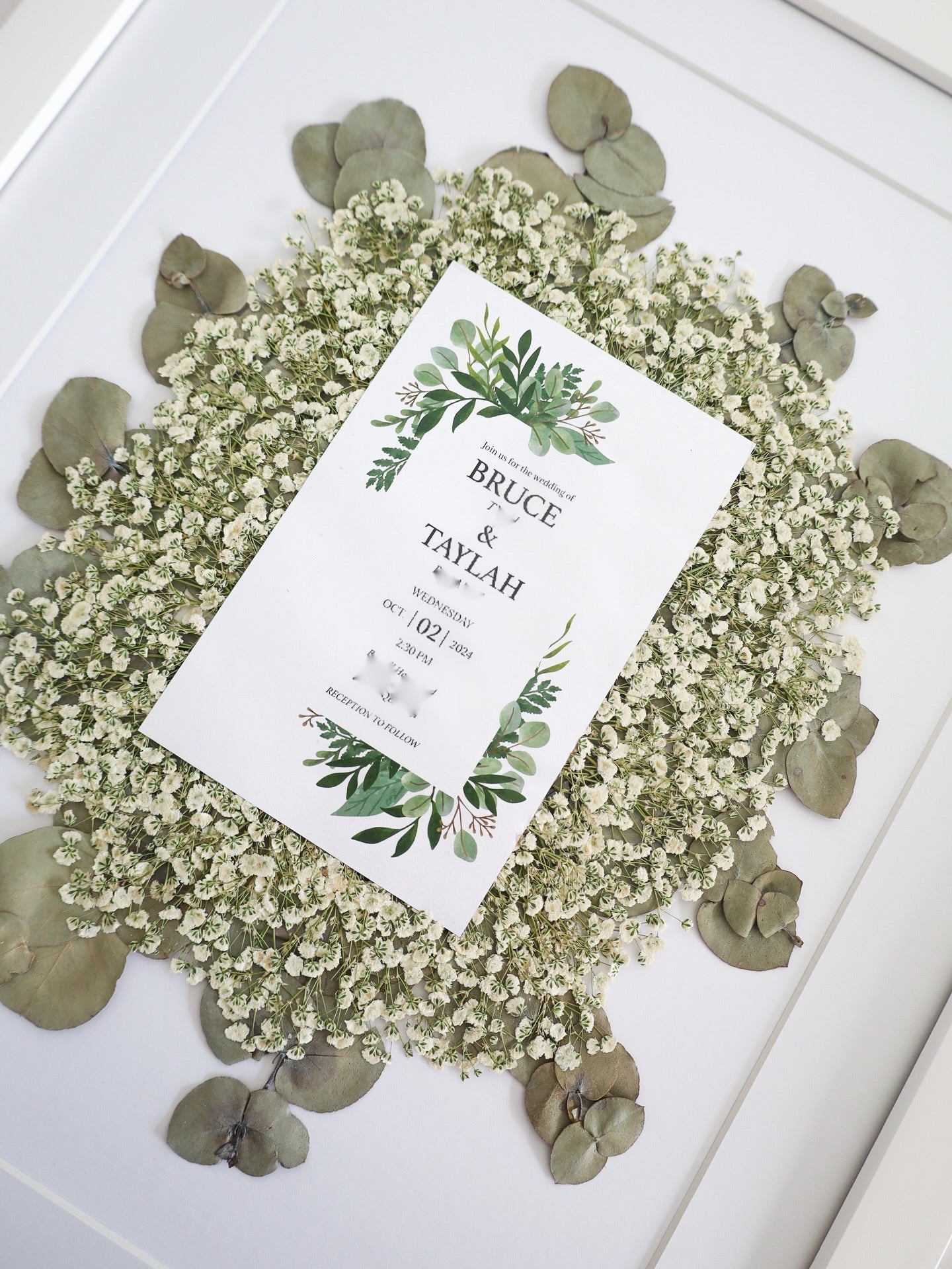 Pressed Framed Bridal Flowers including - vows - invite - photo