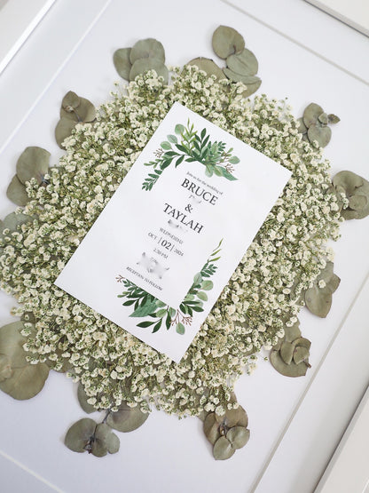 Pressed Framed Bridal Flowers including - vows - invite - photo