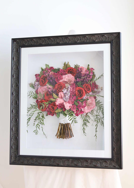 Framed preserved bouquet 50x60 with UV protective glass showcasing bridal flowers