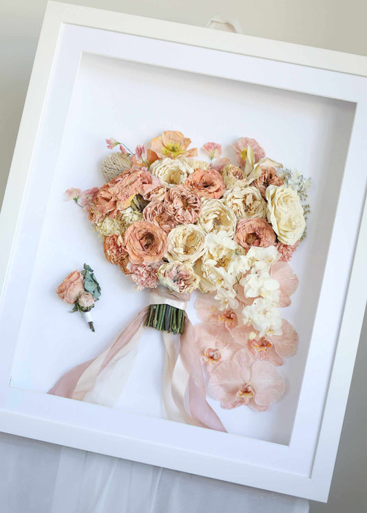 Framed wedding preserved bouquet 50x60 showcasing intact flowers in premium handcrafted frame with UV protective glass