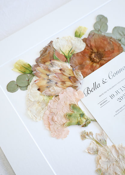 Pressed Framed Bridal Flowers including - vows - invite - photo