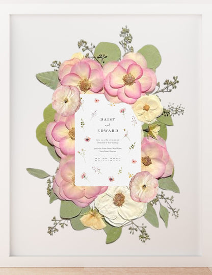 Pressed Framed Bridal Flowers including - vows - invite - photo