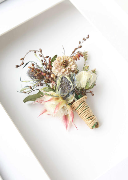 15x20 framed preserves boutonnière in black and white frame options for long-lasting floral memento