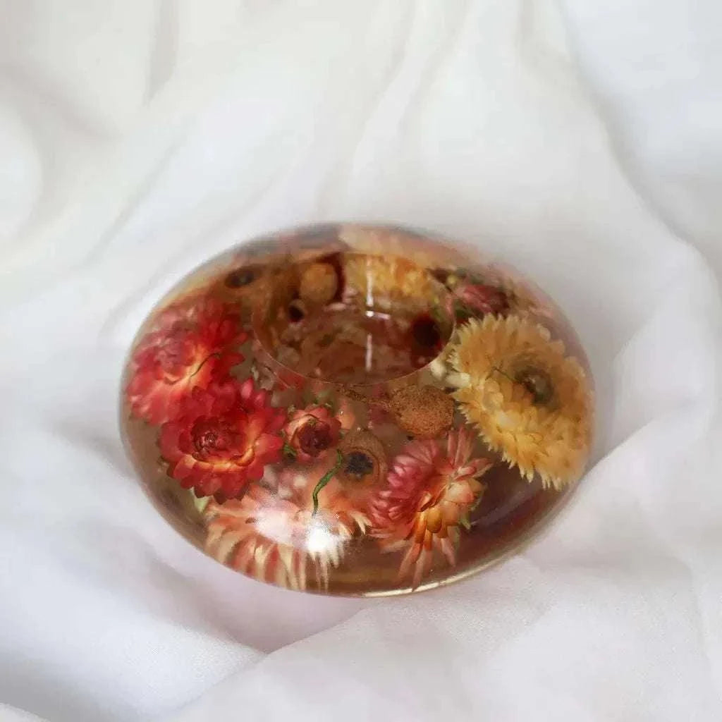 Everyday Resin Keepsake Bundle featuring a clear oval resin dish with preserved red, orange and yellow flowers and petals