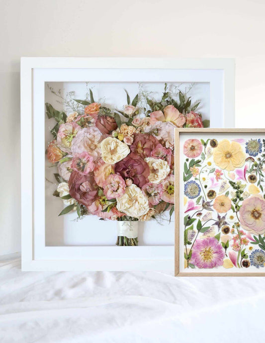 Flower frame duo preservation package with 3D framed bouquet and A4 pressed flower frame