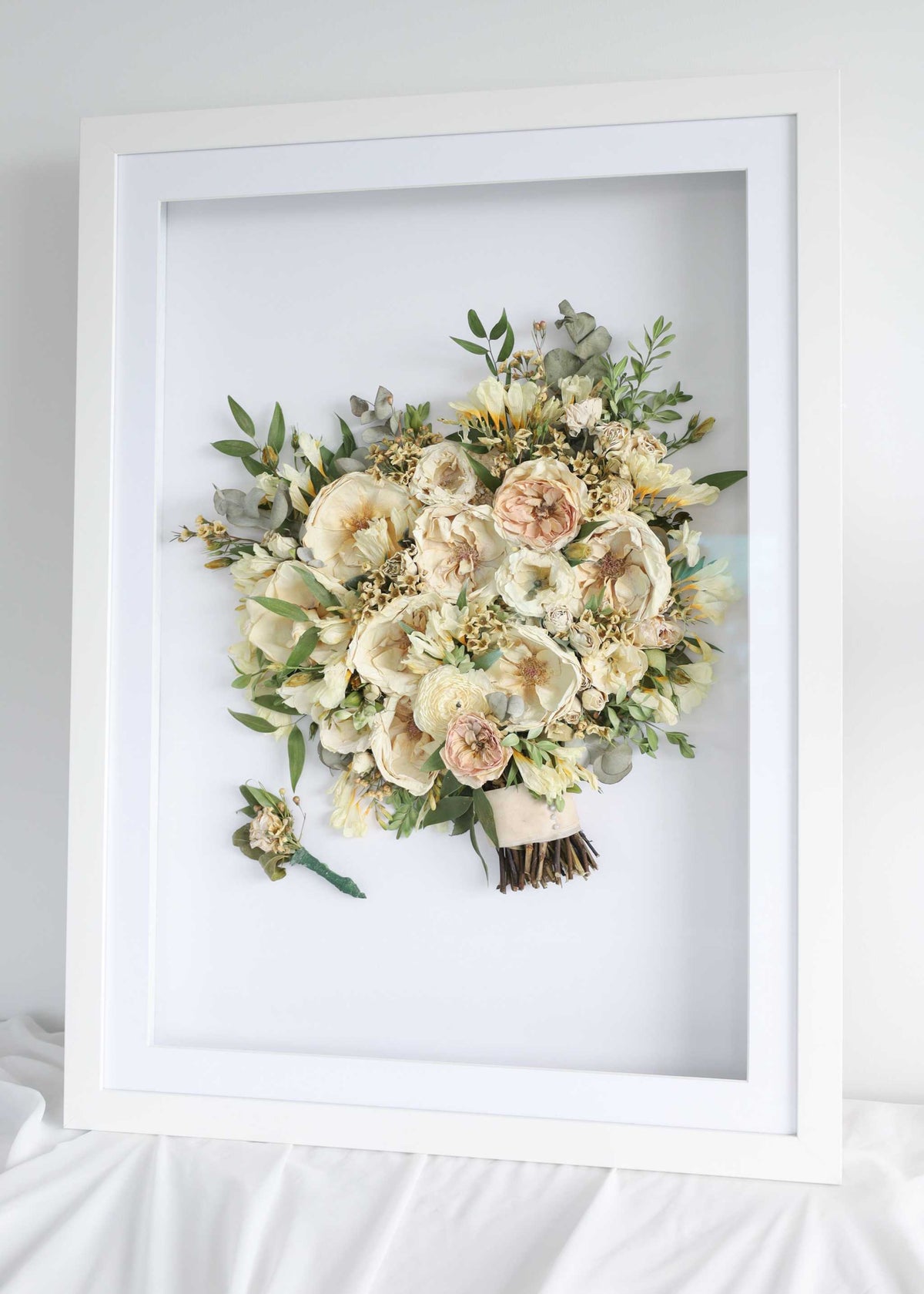 Framed preserved bridal bouquet in custom 60x80 size with UV protective glass