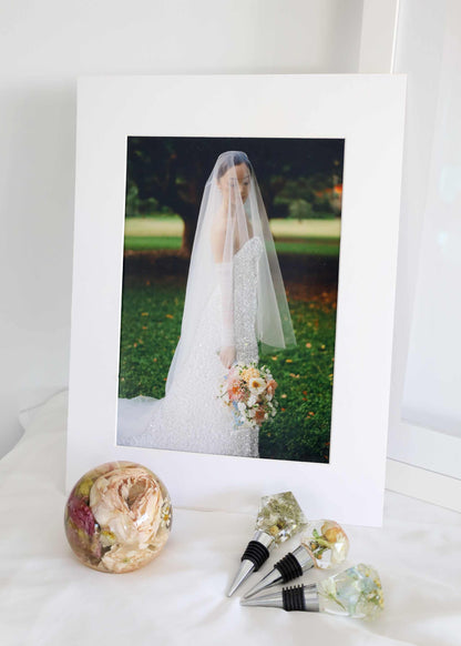 Mini Memories Preservation Package with resin dome, resin bottle stoppers, and custom framed diamond glitter print of bridal bouquet flowers