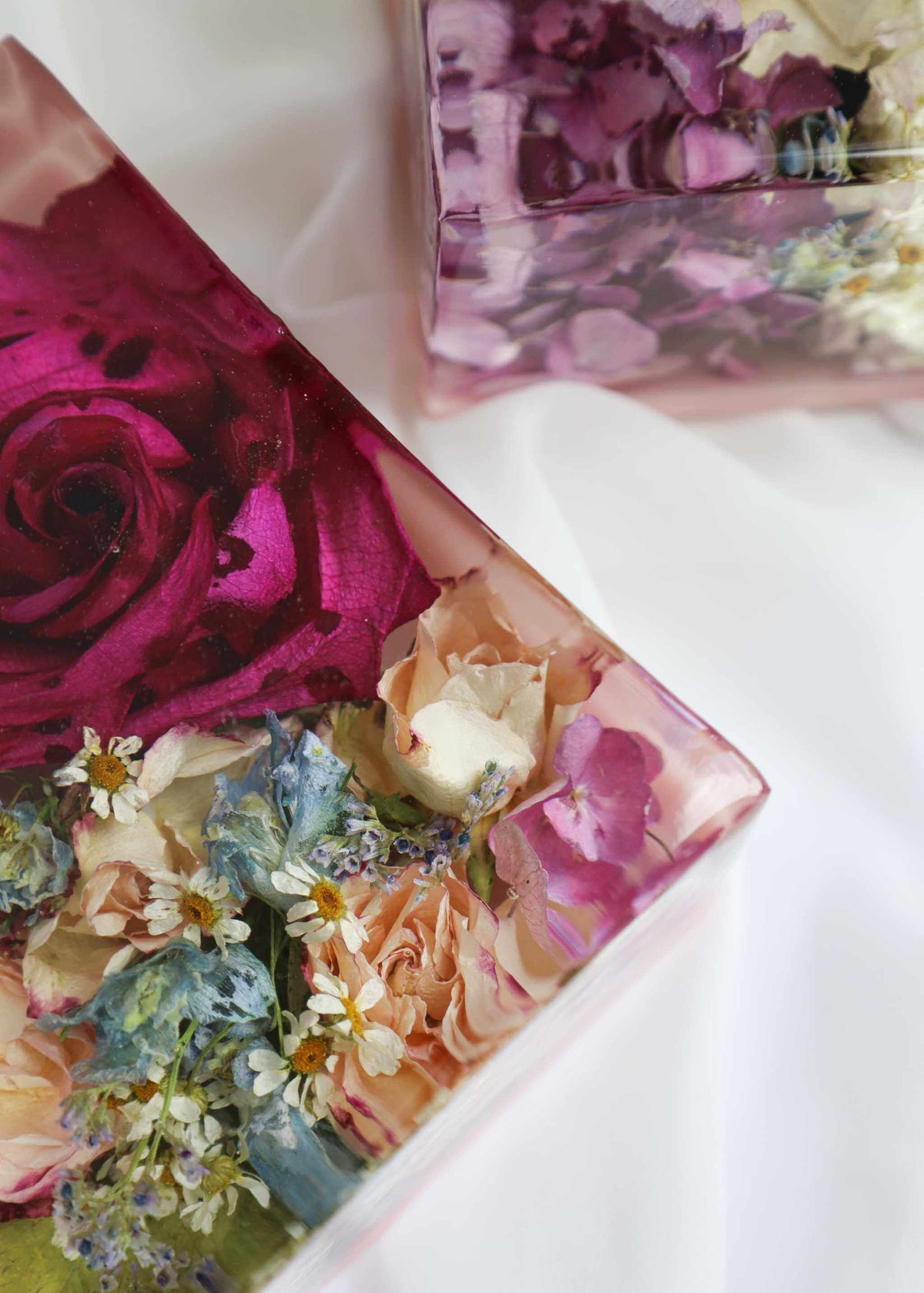 Premium Home Collection resin flower keepsakes with clear trays containing colourful preserved roses, daisies and petals