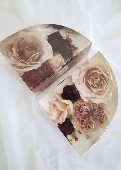 Premium Home Collection resin keepsake trays, clear glossy material preserving cream and burgundy roses and petals