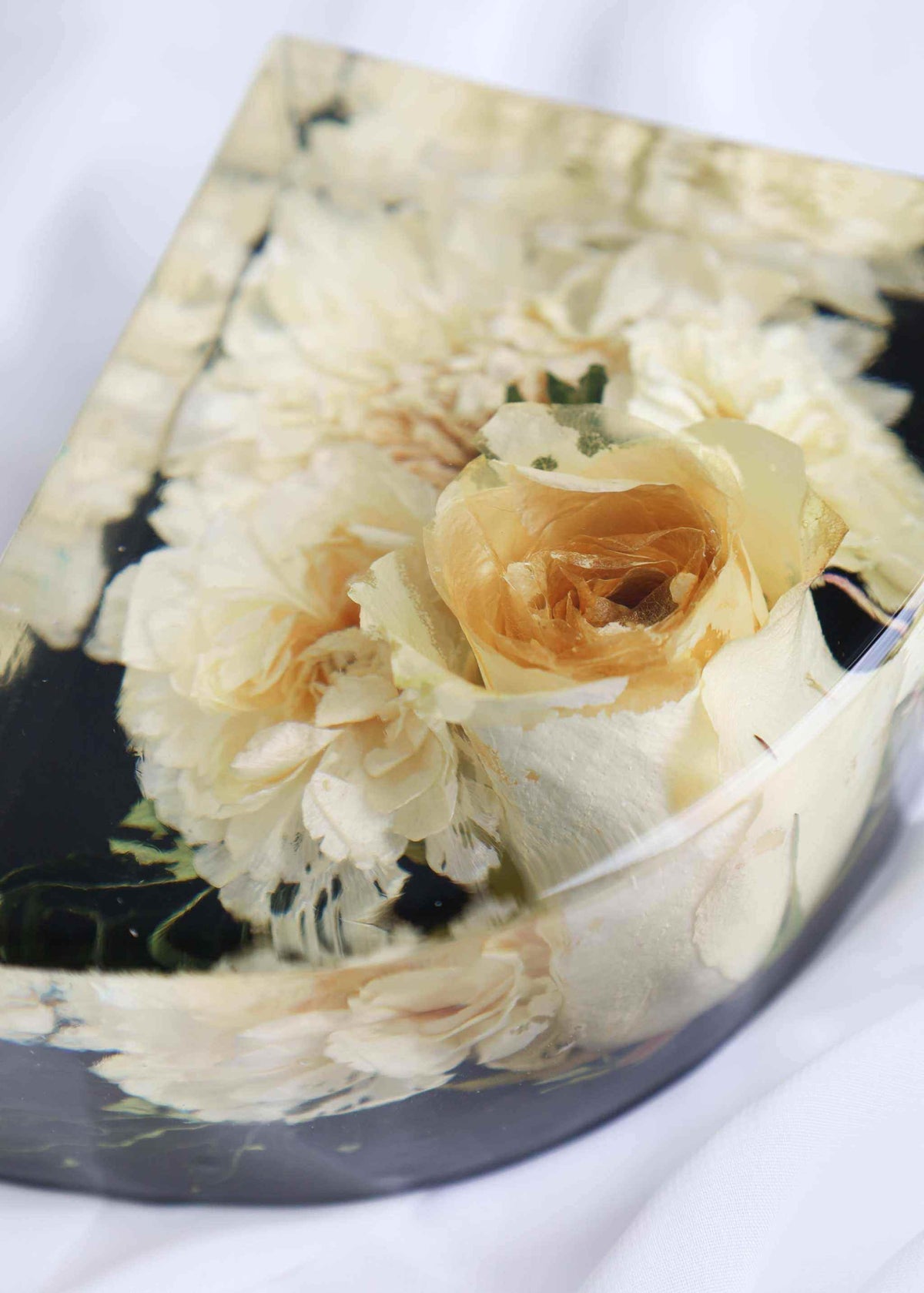 Premium Home Collection resin serving tray with ivory and peach preserved flowers suspended in clear resin