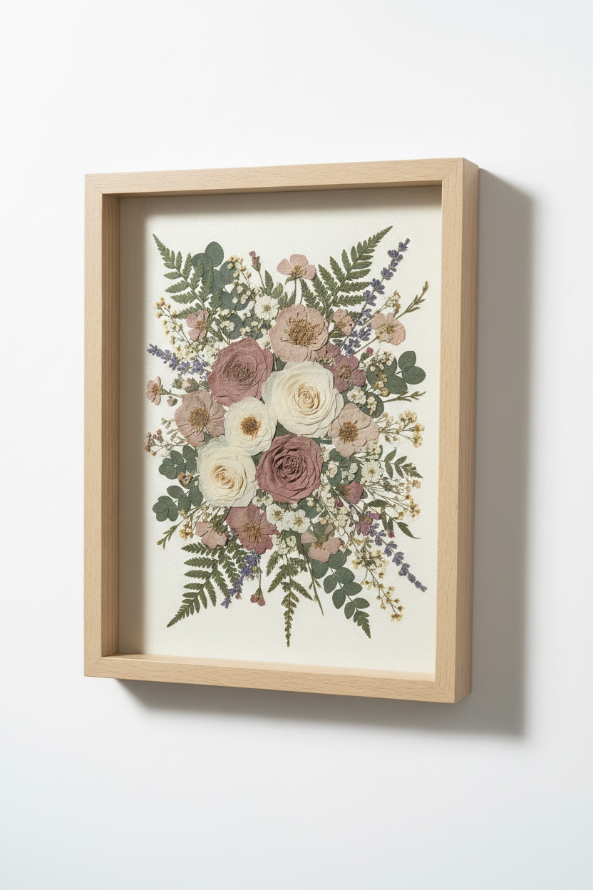 Square pressed flower frame 30x30 with preserved flowers in handcrafted protective glass frame