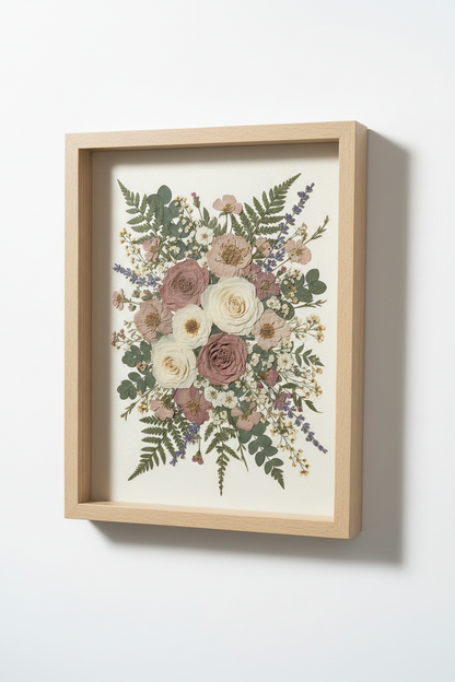 Square pressed flower frame 30x30 with preserved flowers in handcrafted protective glass frame