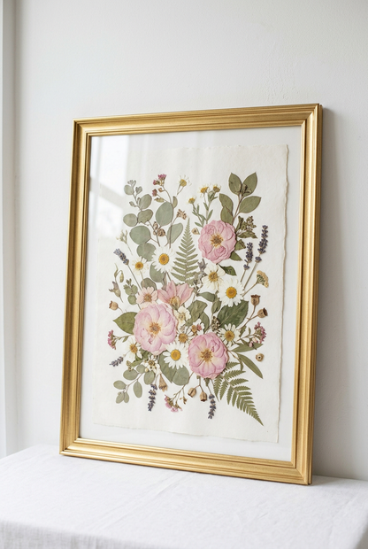 Pressed Wedding Flowers 50x70 in a gold frame, featuring a delicate arrangement of pink and white pressed blooms and green leaves
