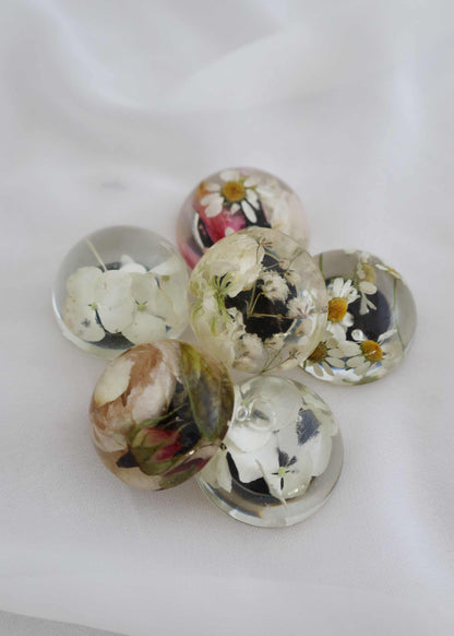 Set of small resin magnets preserving dried bridal bouquet flowers for keepsake display
