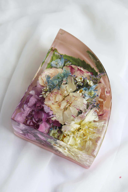 Set of Resin Display bookend with clear resin, pastel pink tint and preserved multicoloured flowers embedded inside
