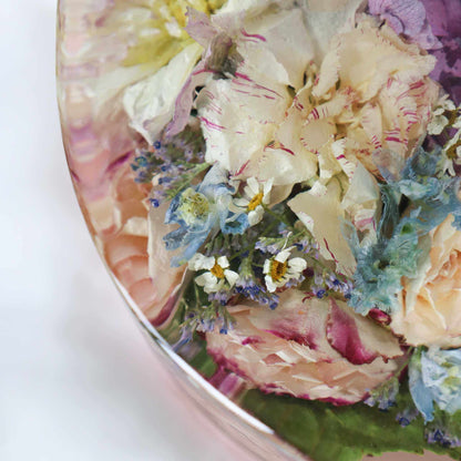 Set of Resin Display keepsake featuring preserved cream, pink, blue and purple flowers encased in clear resin