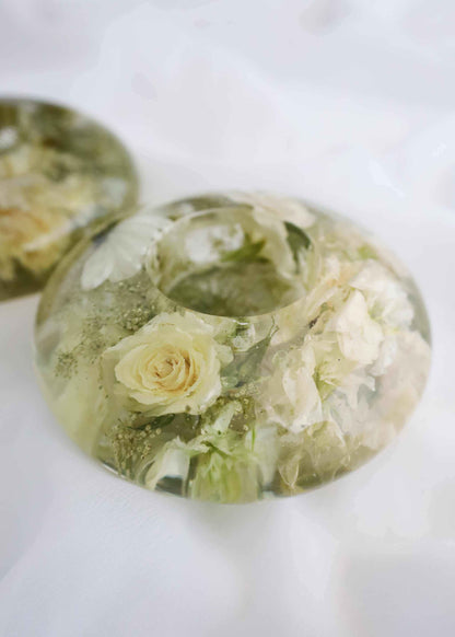 Signature Frame and Resin Bundle resin trinket dish with preserved cream roses and green foliage embedded in clear resin